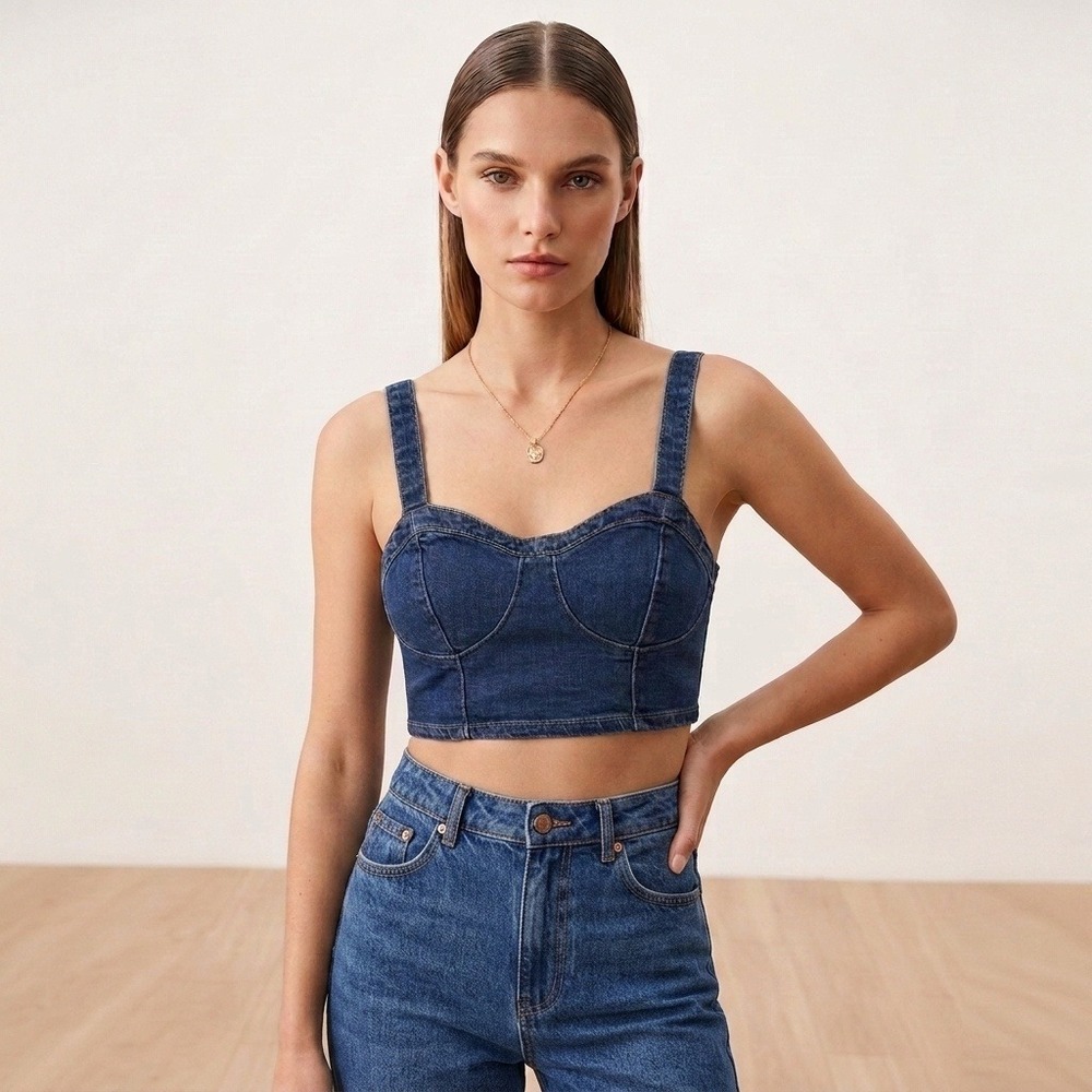 Aeropostale Women Crop Top Denim Bustier Blue Jean Strappy Smocked Back XS